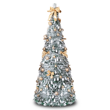 6 FT Snow Flocked Pre-lit Artificial Pop Up Christmas Tree with 100 Warm Lights and Golden Ornaments for Home Office Store Holiday Deco, Snowy Green