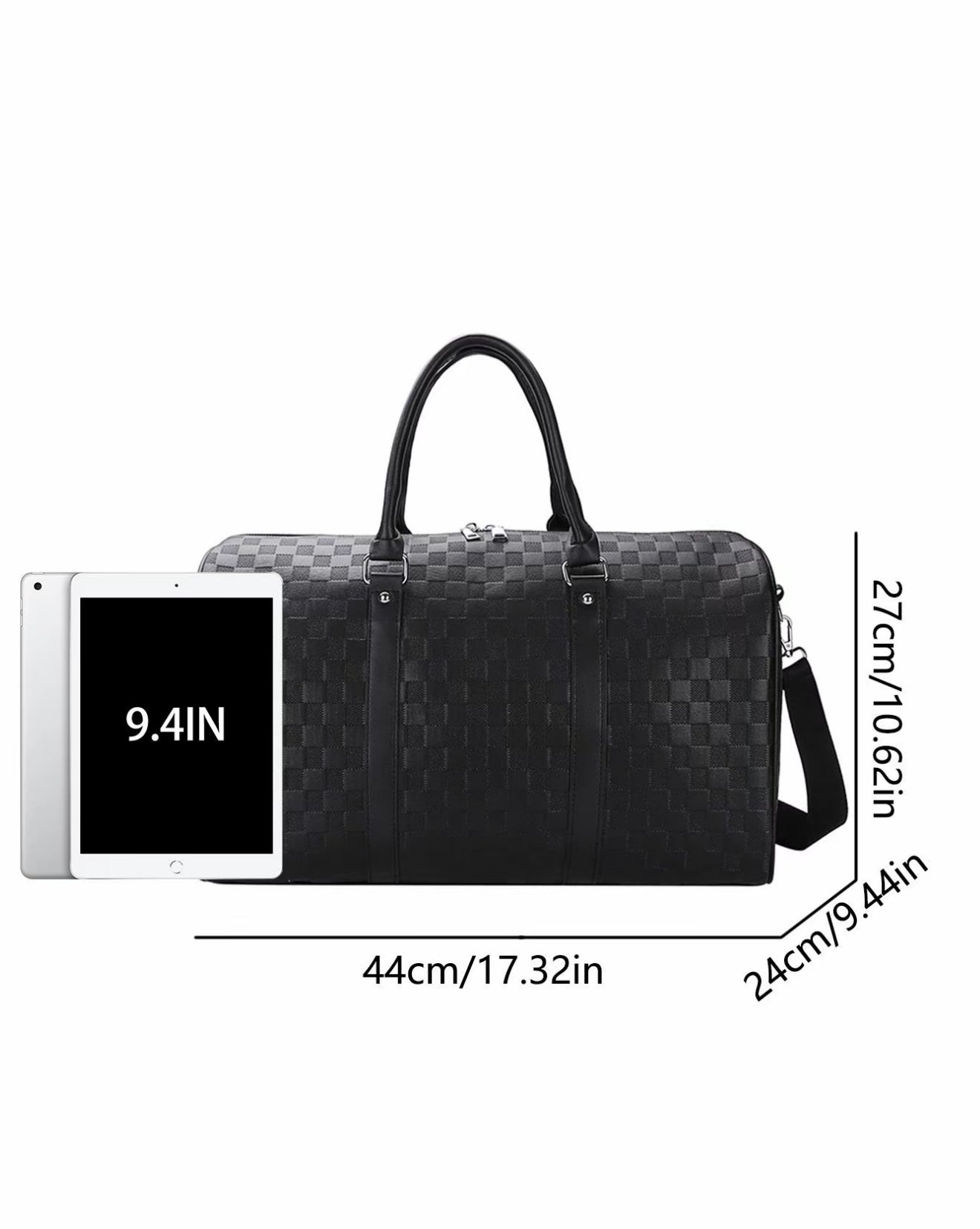 Luxury Black Checkered Duffel Bag with Shoulder Strap