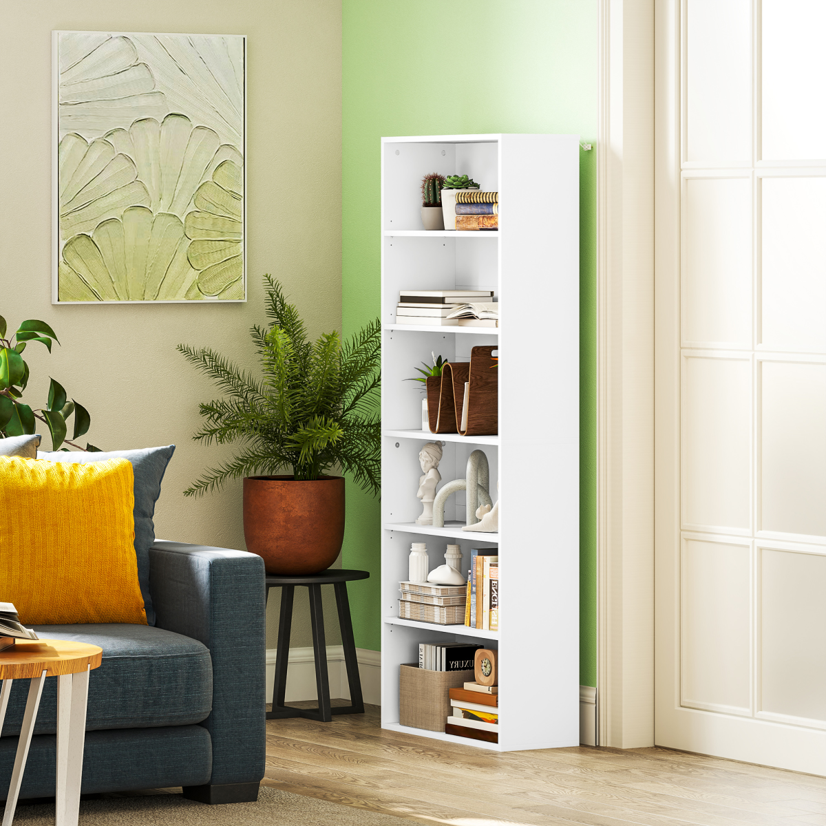 6-Tier Bookshelf, Freestanding Bookcase with Adjustable Shelves, White