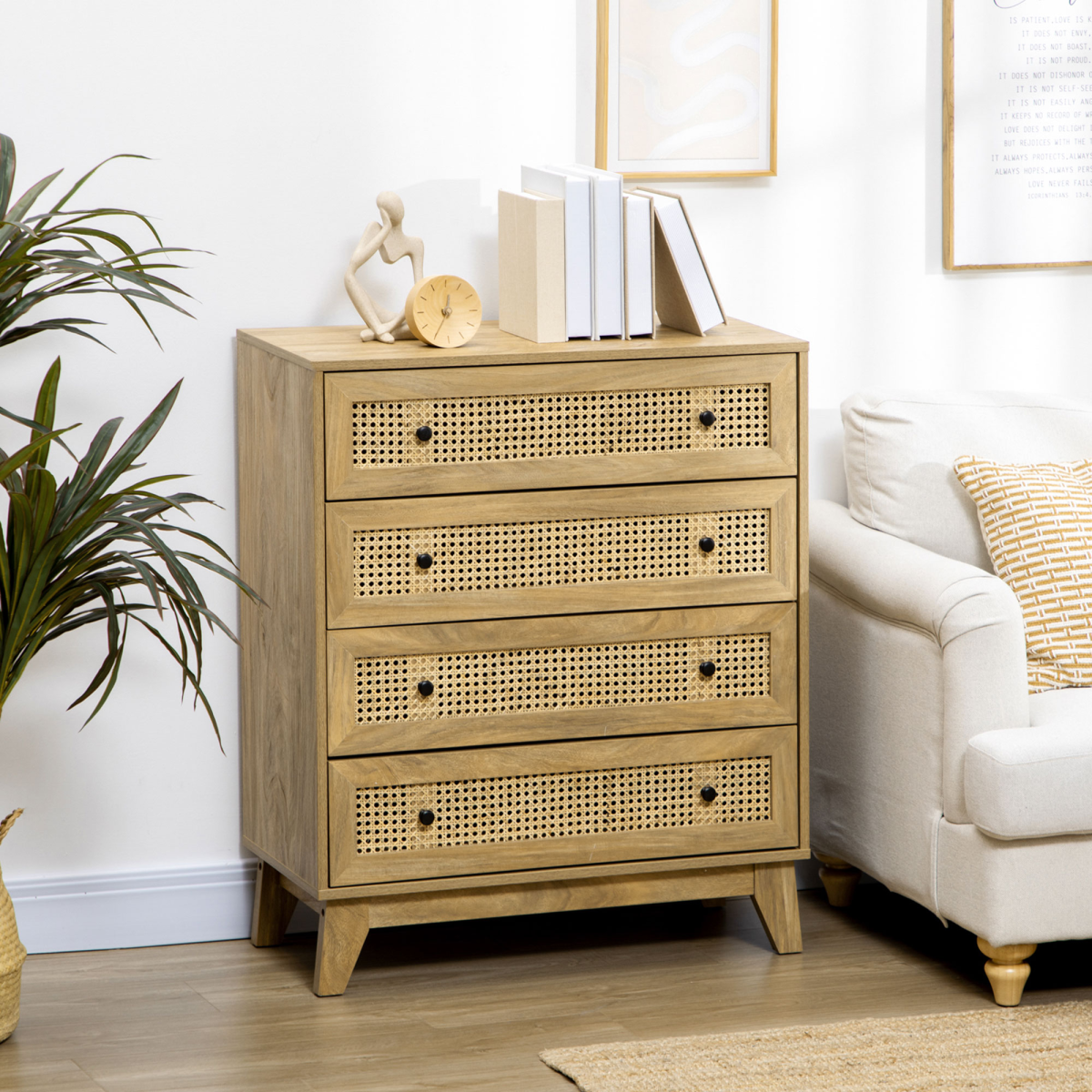 Rattan Chest of Drawers 4-Drawer Dresser Storage Cabinet Bedroom, Wood Effect