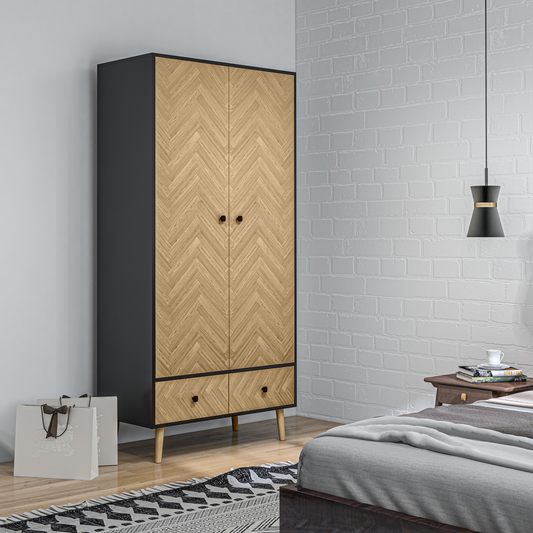 Wardrobe Cabinet Wood Grain 90x50x190cm-Grey/Oak