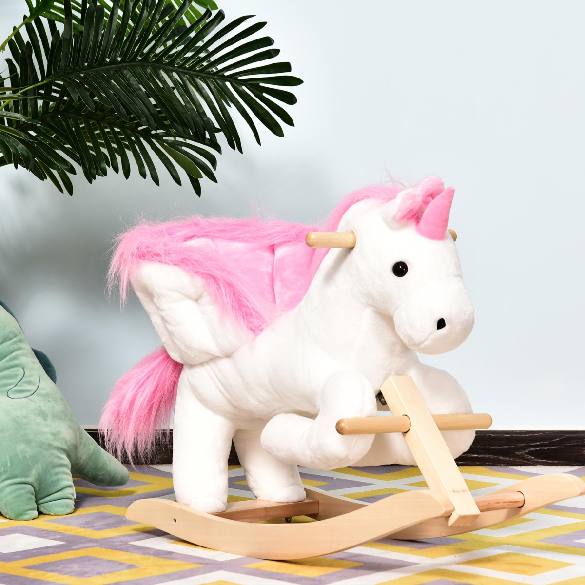 Kids Wooden Ride On Unicorn Rocking Horse Plush Toy Soft Seat Pink HOMCOM