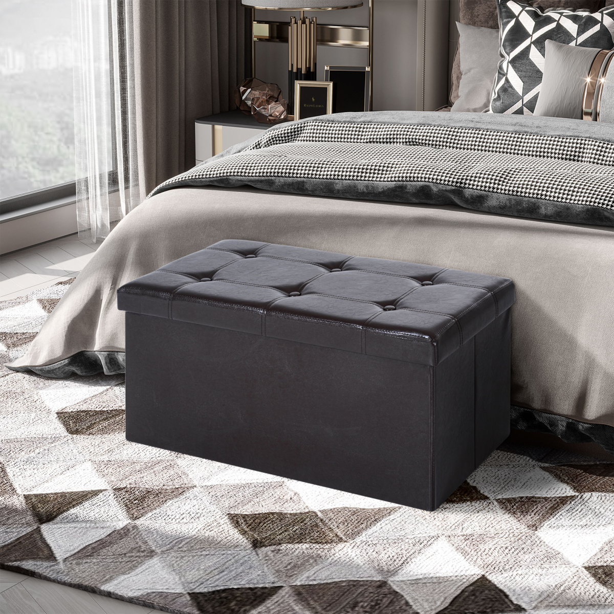 Folding Faux Leather Storage Cube Ottoman Bench Seat Brown