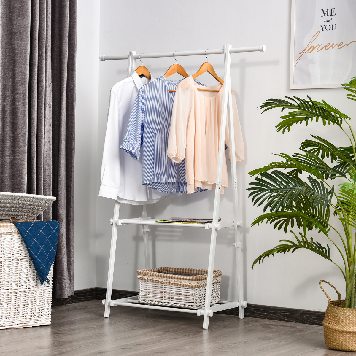 Steel Freestanding Clothes Rail w/ 2 Shelves White