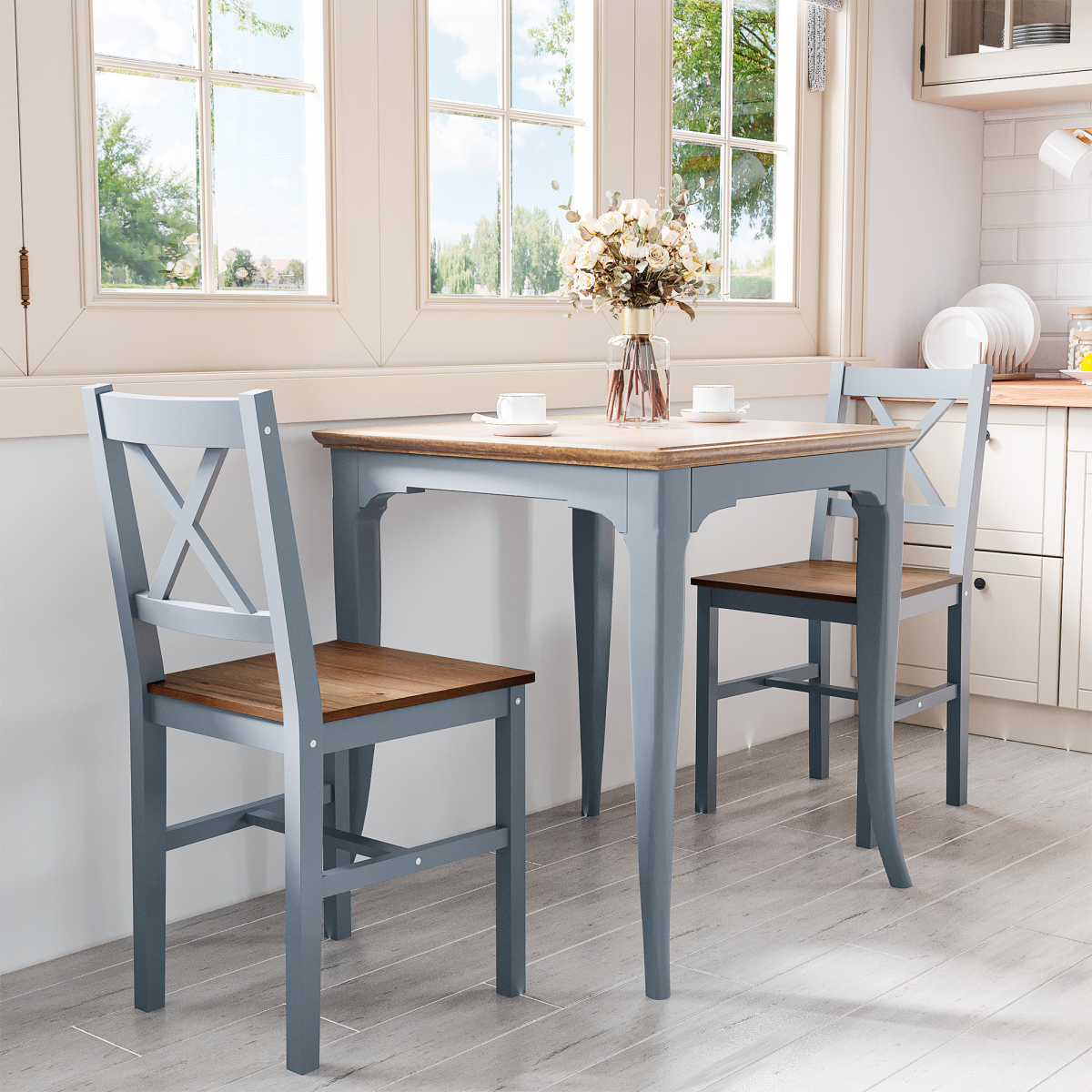 Dining Chairs Set of 2, Pine Wood Frame, Cross Back for Kitchen Grey