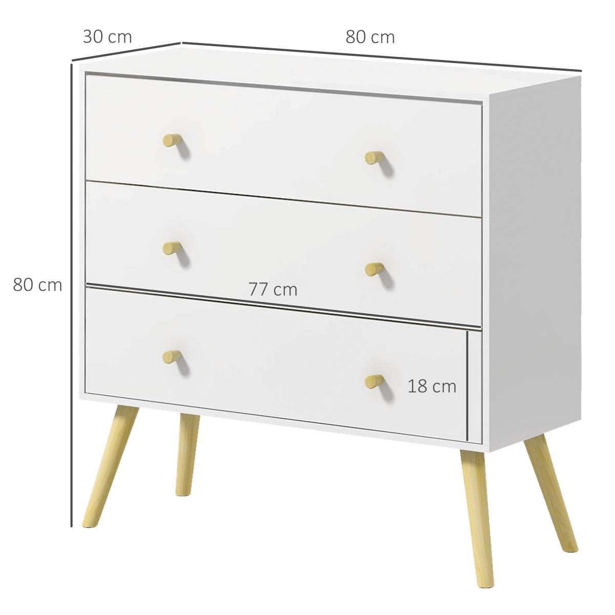Chest of Drawers 3-Drawer Dresser Storage Organiser with Wood Legs, White