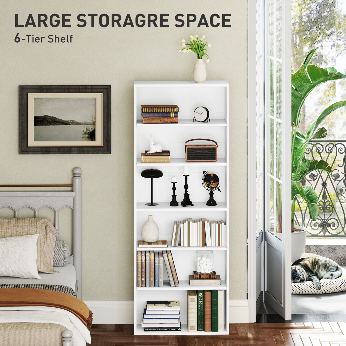 6-Tier Bookshelf, Freestanding Bookcase with Adjustable Shelves, White