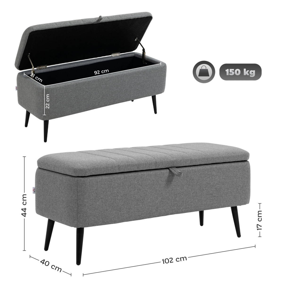 Storage Ottoman Bench, Linen Fabric Footstool with Steel Legs Grey