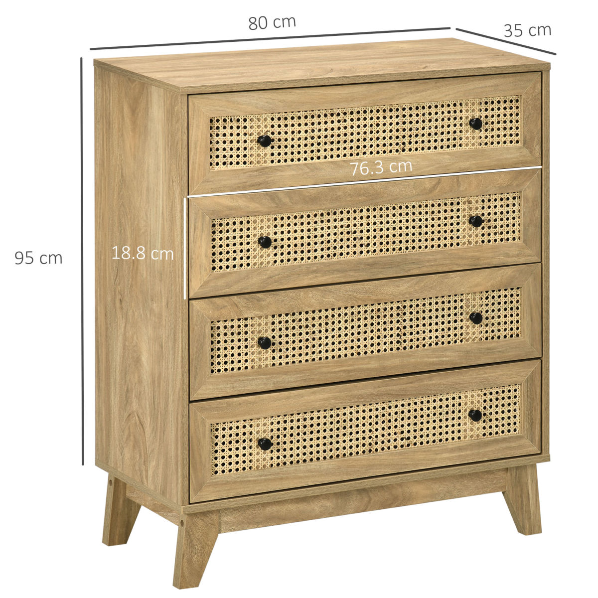 Rattan Chest of Drawers 4-Drawer Dresser Storage Cabinet Bedroom, Wood Effect