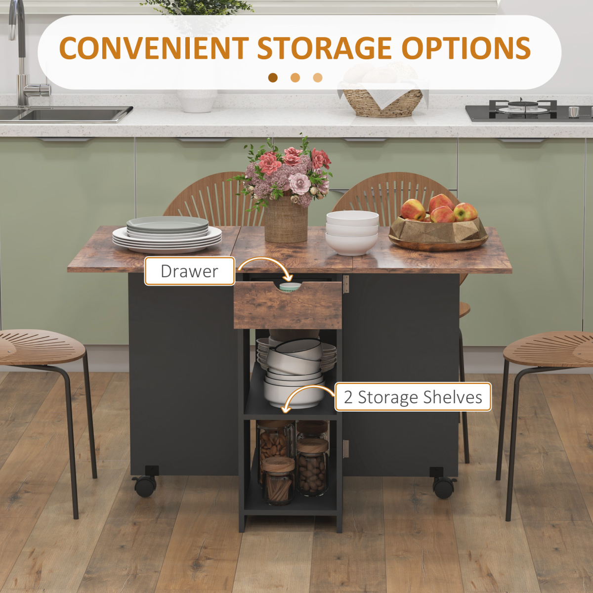 Expandable Dining Table with Storage - Rustic Brown - Seats 4 Conveniently