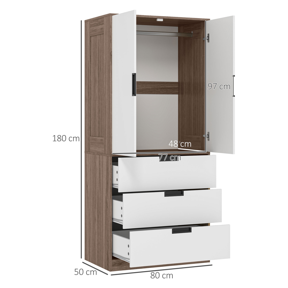 Aurora 2 Door Wardrobe Brown Wardrobe with 3 Drawer and Hanging Rod Brown
