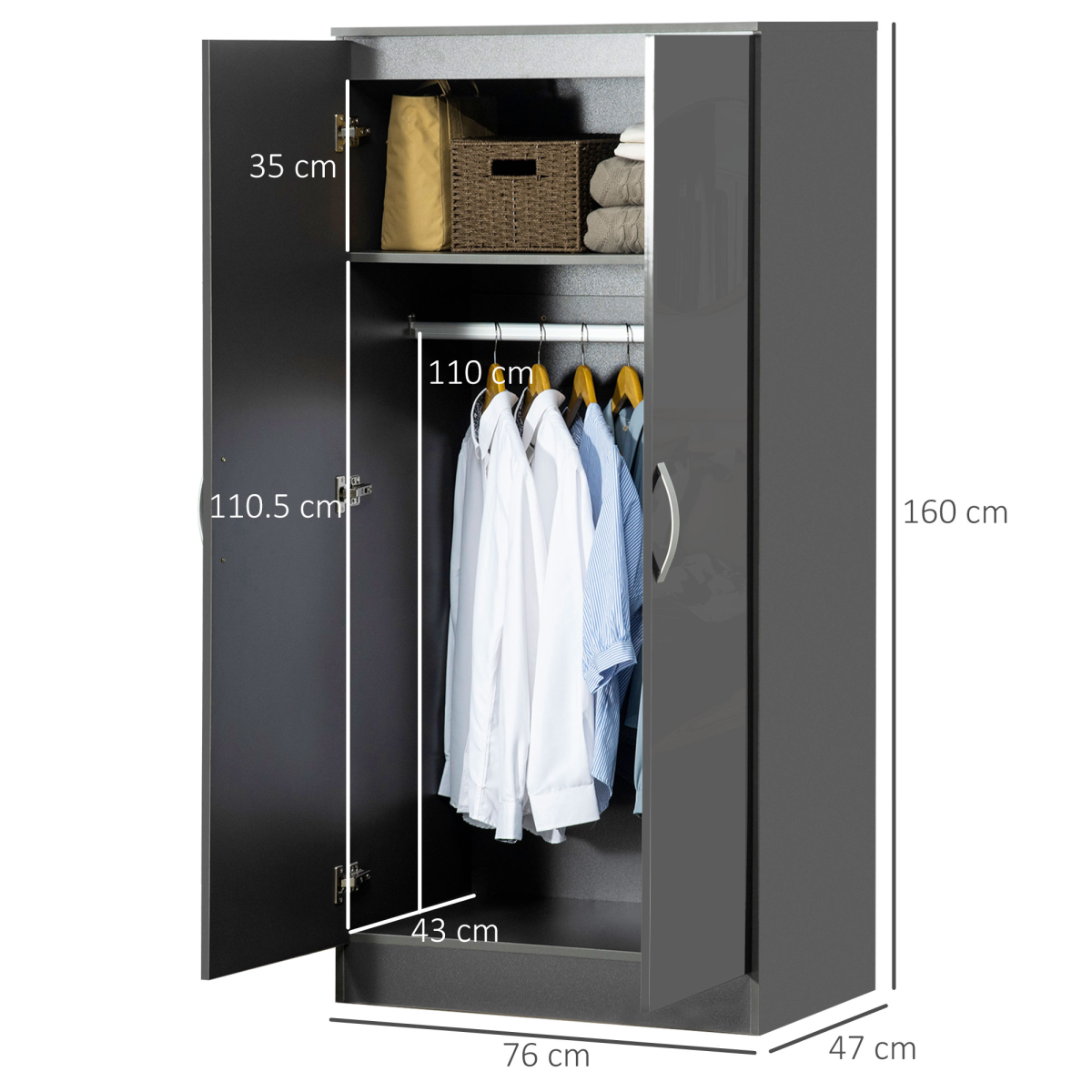 Aurora Modern Wardrobe Closet, Clothes Cabinet with High Glossing Door, Grey