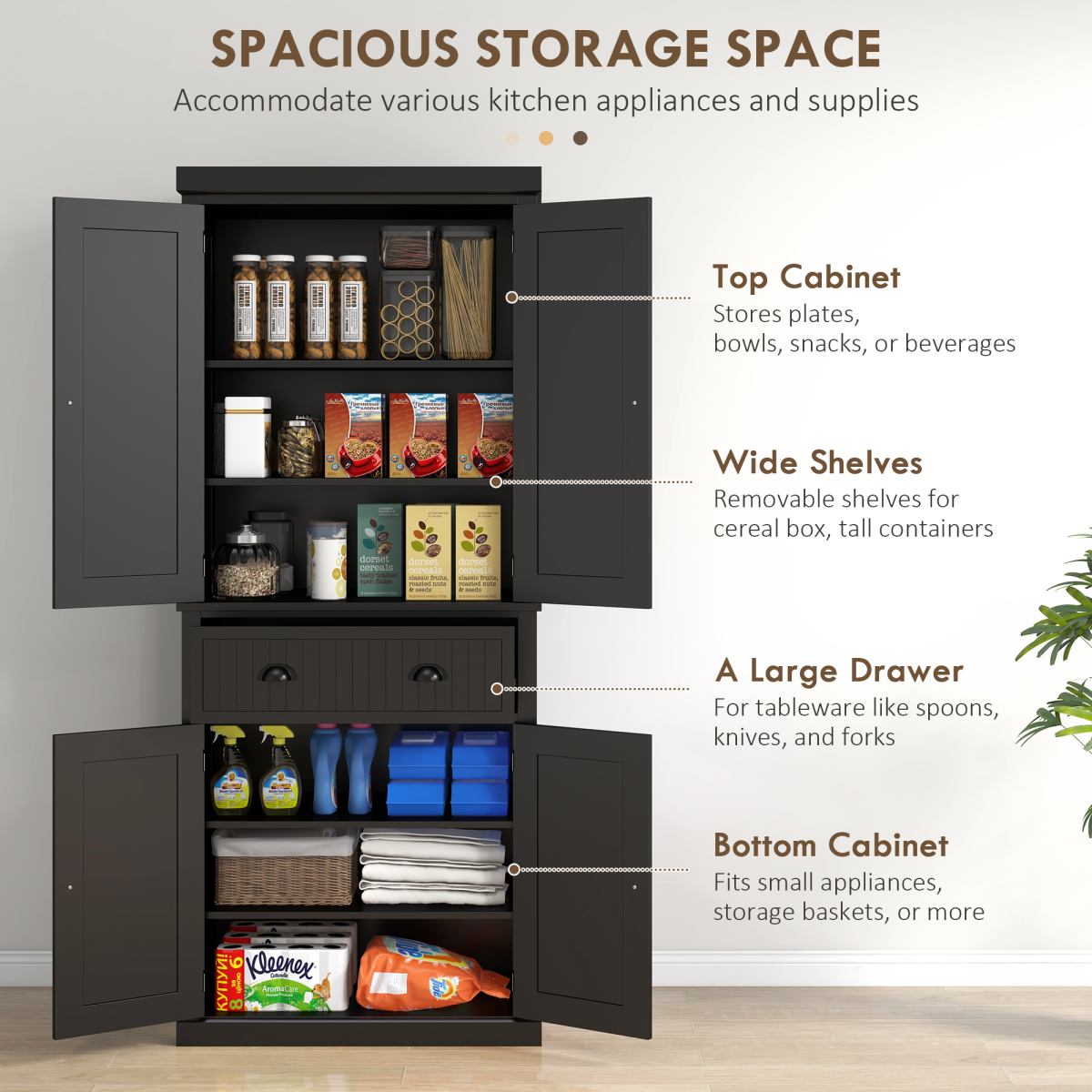 Freestanding Kitchen Storage Cabinet W/ Drawers Cupboards Shelves Home Black