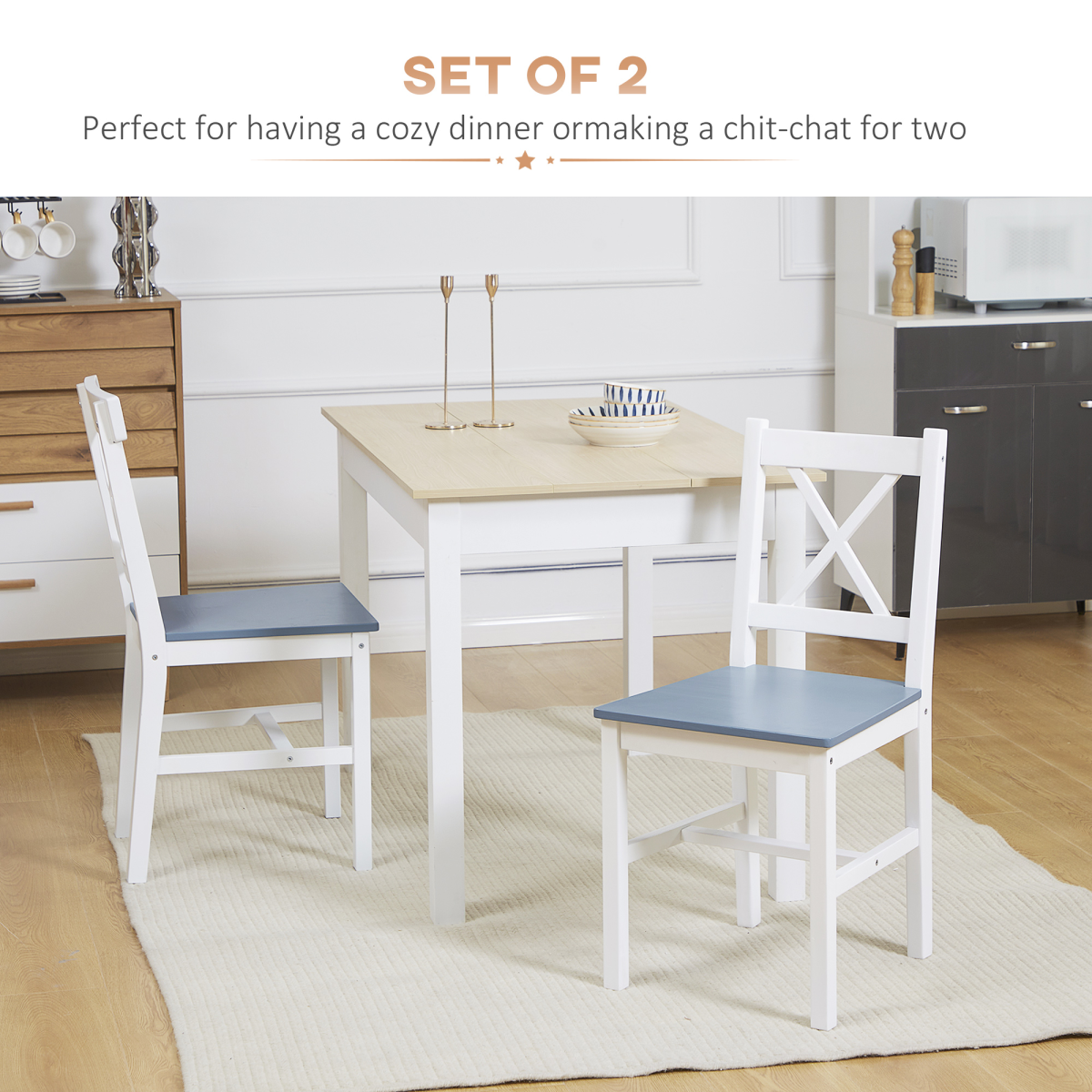 Dining Chairs Set of 2, Pine Wood Frame, Cross Back for Kitchen White