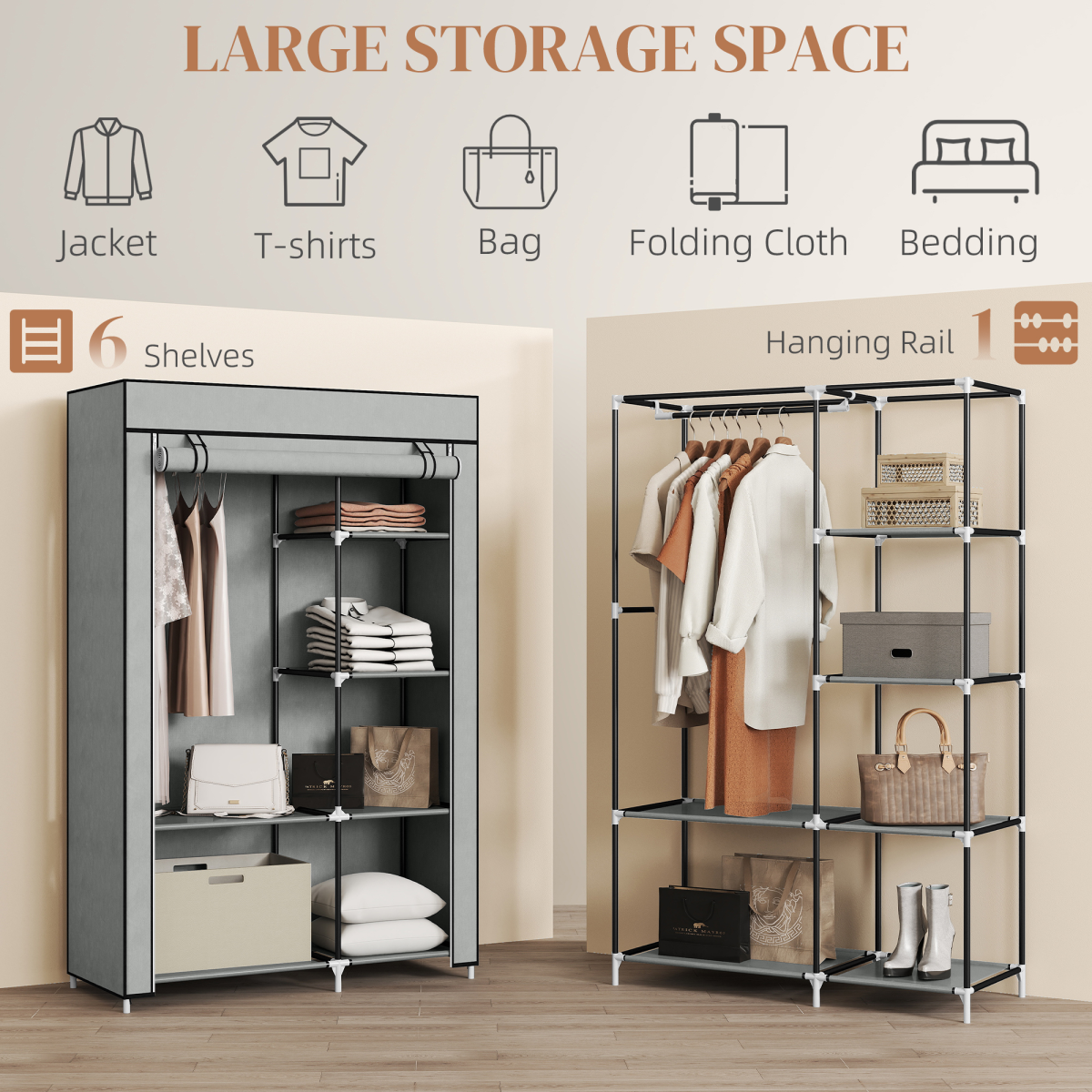 Fabric Wardrobe Portable Wardrobe with 6 Shelves 1 Hanging Rail Light Grey