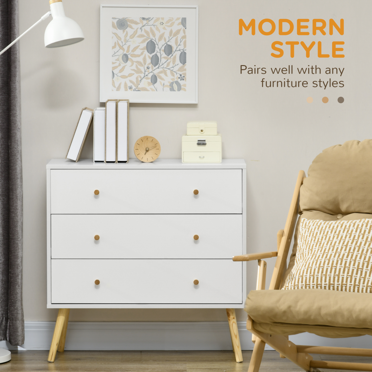 Chest of Drawers 3-Drawer Dresser Storage Organiser with Wood Legs, White