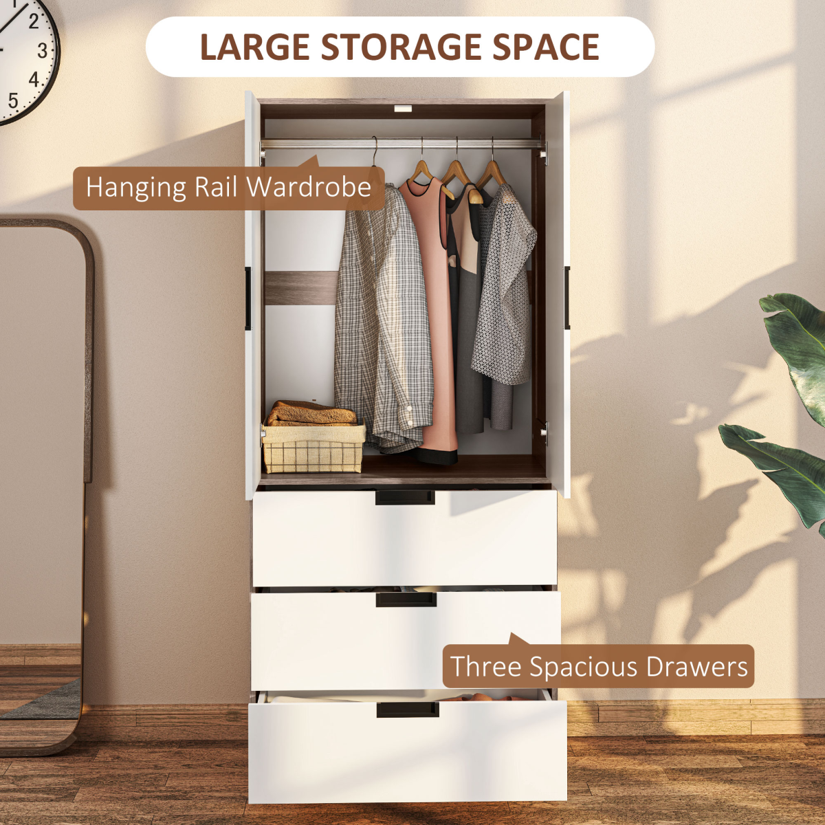Aurora 2 Door Wardrobe Brown Wardrobe with 3 Drawer and Hanging Rod Brown