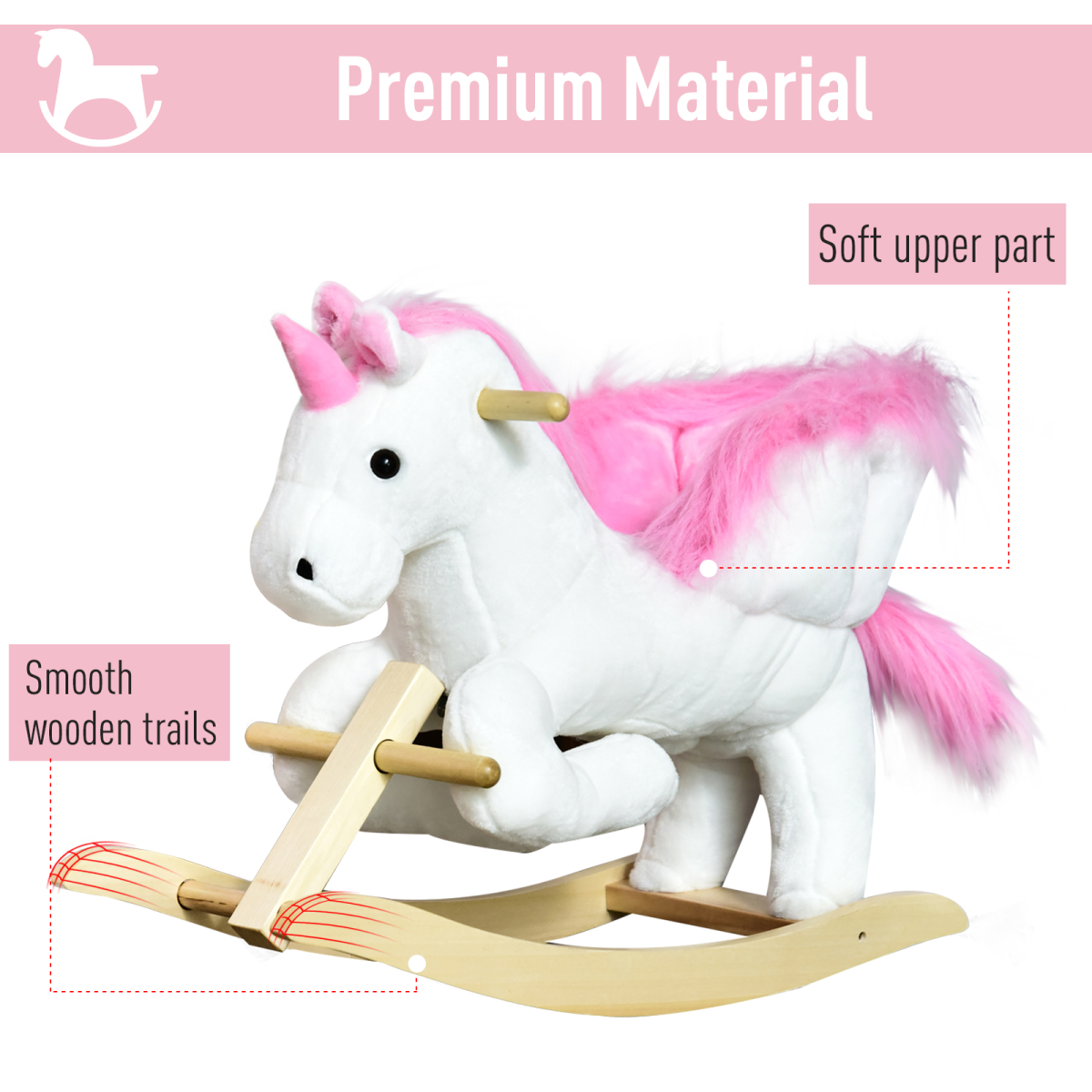 Kids Wooden Ride On Unicorn Rocking Horse Plush Toy Soft Seat Pink HOMCOM