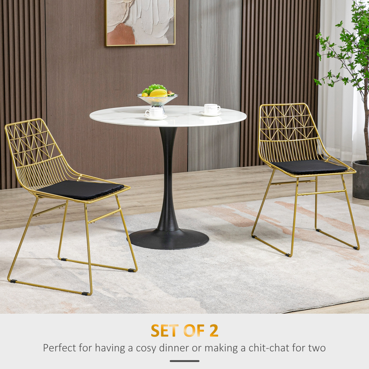 Aurora Dining Chairs Set of 2, Metal Wire Kitchen Chairs with Back, Gold Tone