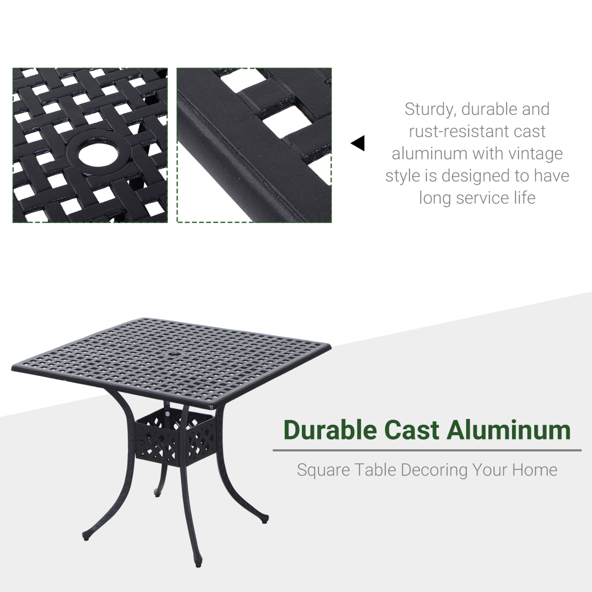 Outsunny Square Aluminium Outdoor Garden Dining Table with Umbrella Hole, Black