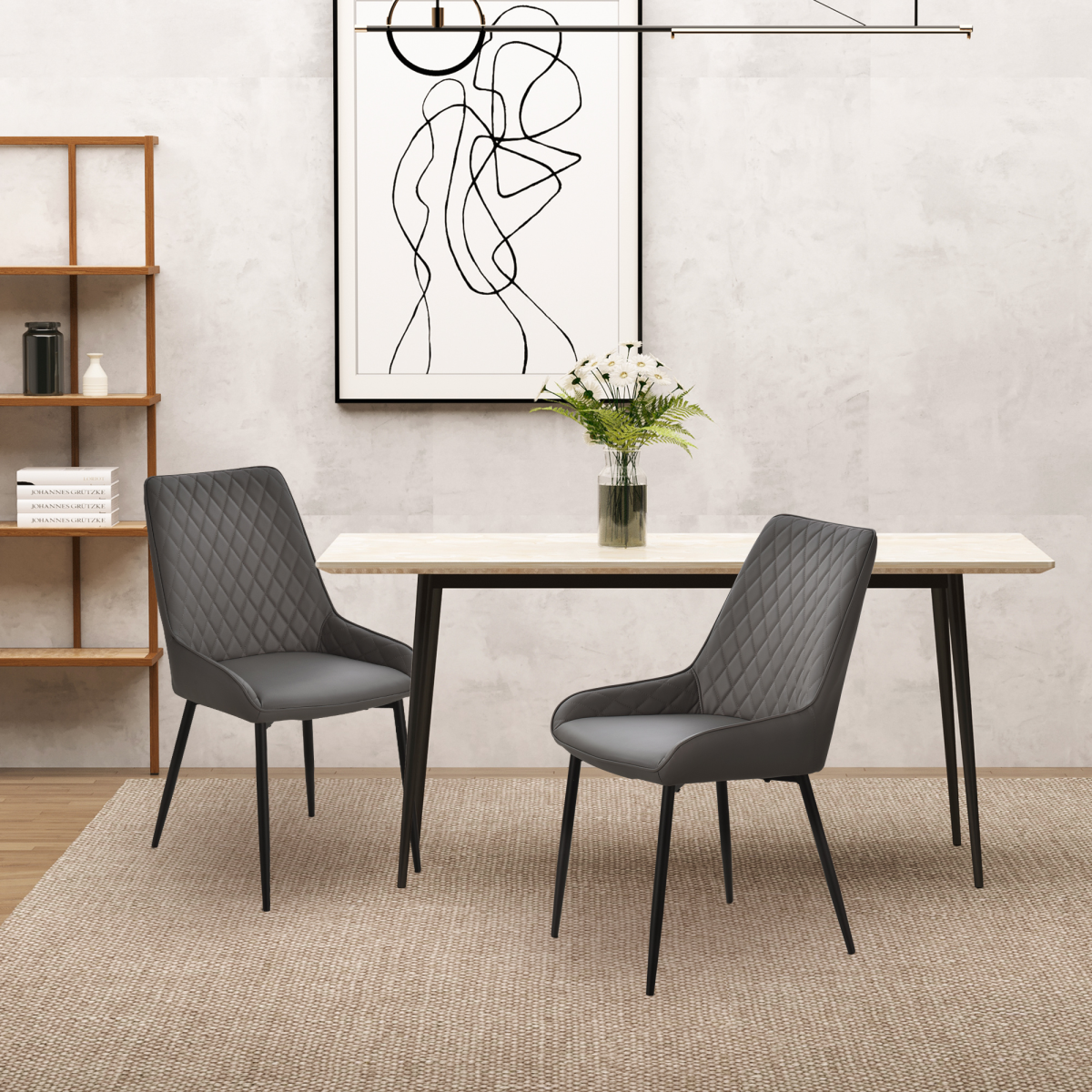 Aurora Set Of 2 Quilted PU Leather Dining Chairs w/ Metal Frame 4 Legs Grey