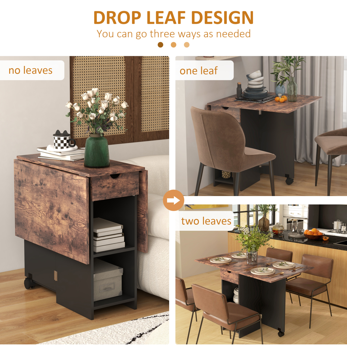 Expandable Dining Table with Storage - Rustic Brown - Seats 4 Conveniently