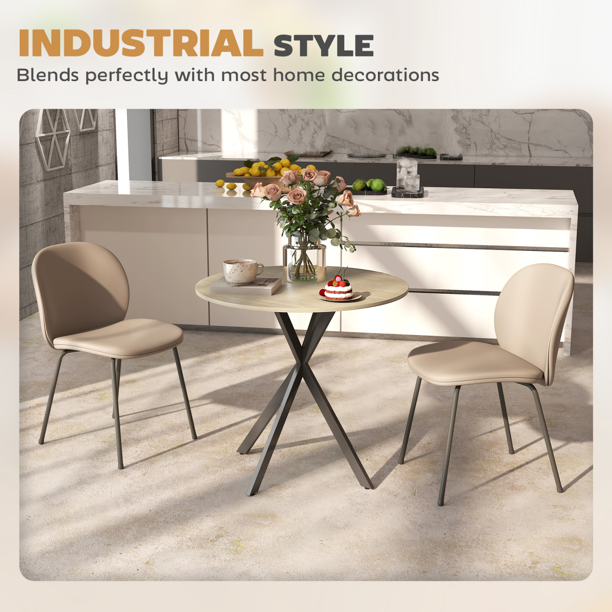 Aurora 80cm Round Dining Table, Industrial Kitchen Table with Steel Legs