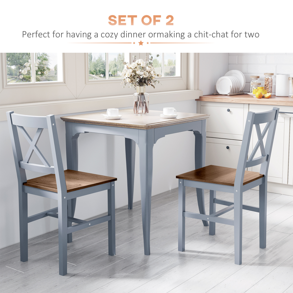 Dining Chairs Set of 2, Pine Wood Frame, Cross Back for Kitchen Grey
