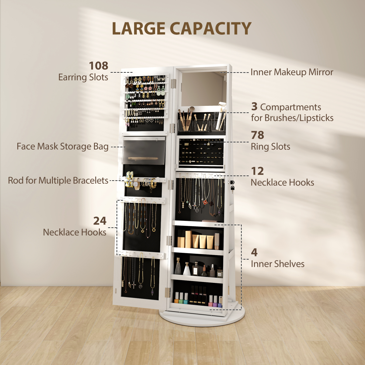 HOMCOM 360° Swivel Jewellery Cabinet, Full Length Mirror with Storage, White