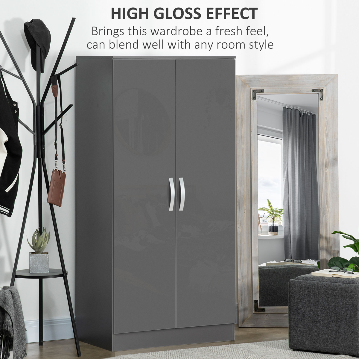 Aurora Modern Wardrobe Closet, Clothes Cabinet with High Glossing Door, Grey