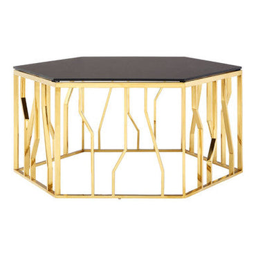 Alvaro Gold Stainless Steel Hexagonal Coffee Table with Black Glass Top