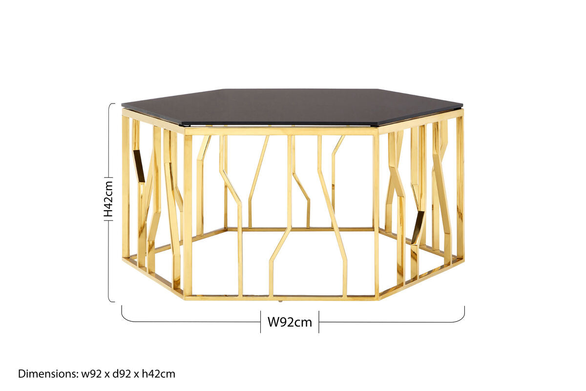 Alvaro Gold Stainless Steel Hexagonal Coffee Table with Black Glass Top