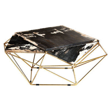 Rustic Dark Petrified Wood Coffee Table with Gold Brass Geometric Frame | Relic