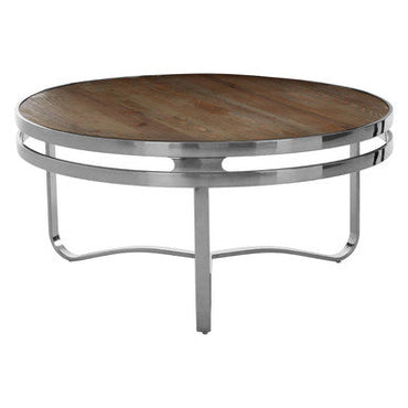 Natural Pine Wood Round Coffee Table with Metallic Silver Curved Leg Base | Richmond