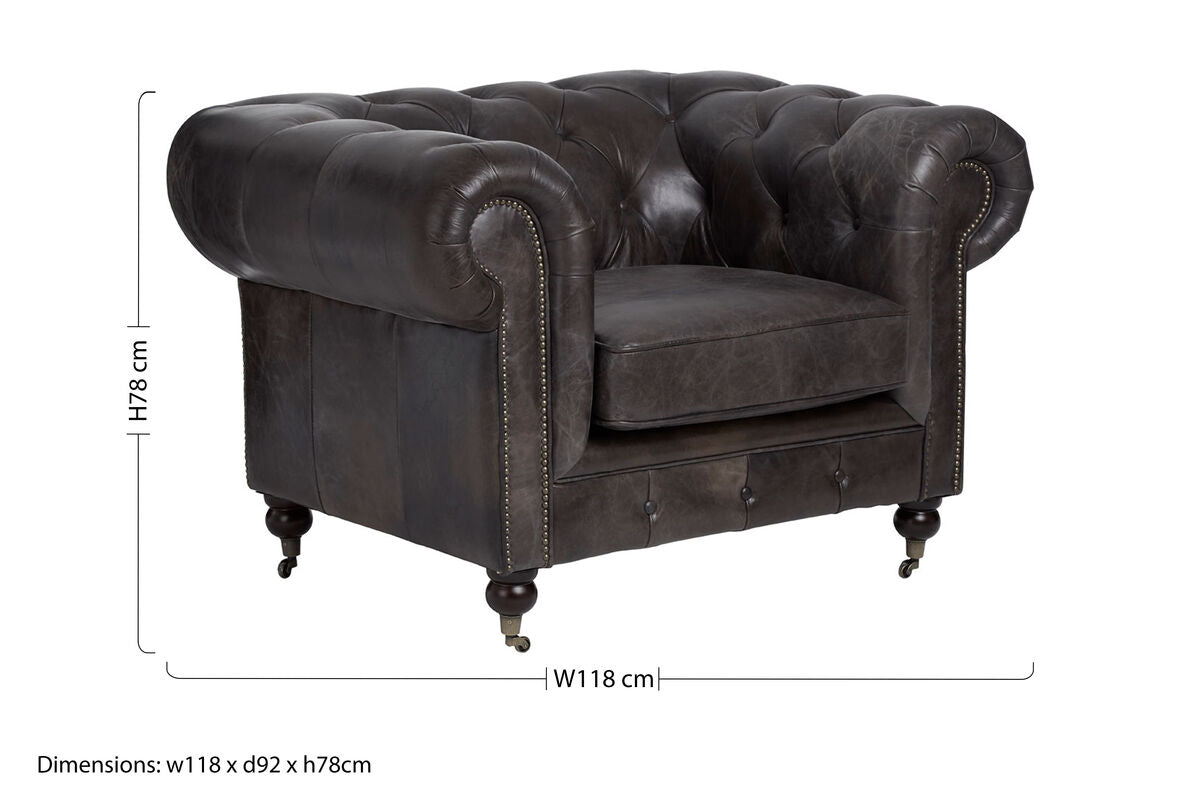 Victor Dark Grey Brown Leather Chesterfield Chair with Walnut Wood Legs