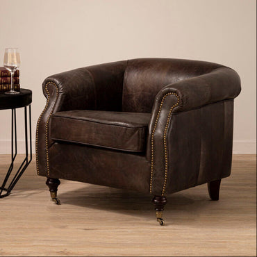 Victor Dark Grey Brown Leather Curved Armchair with Rolled Arms