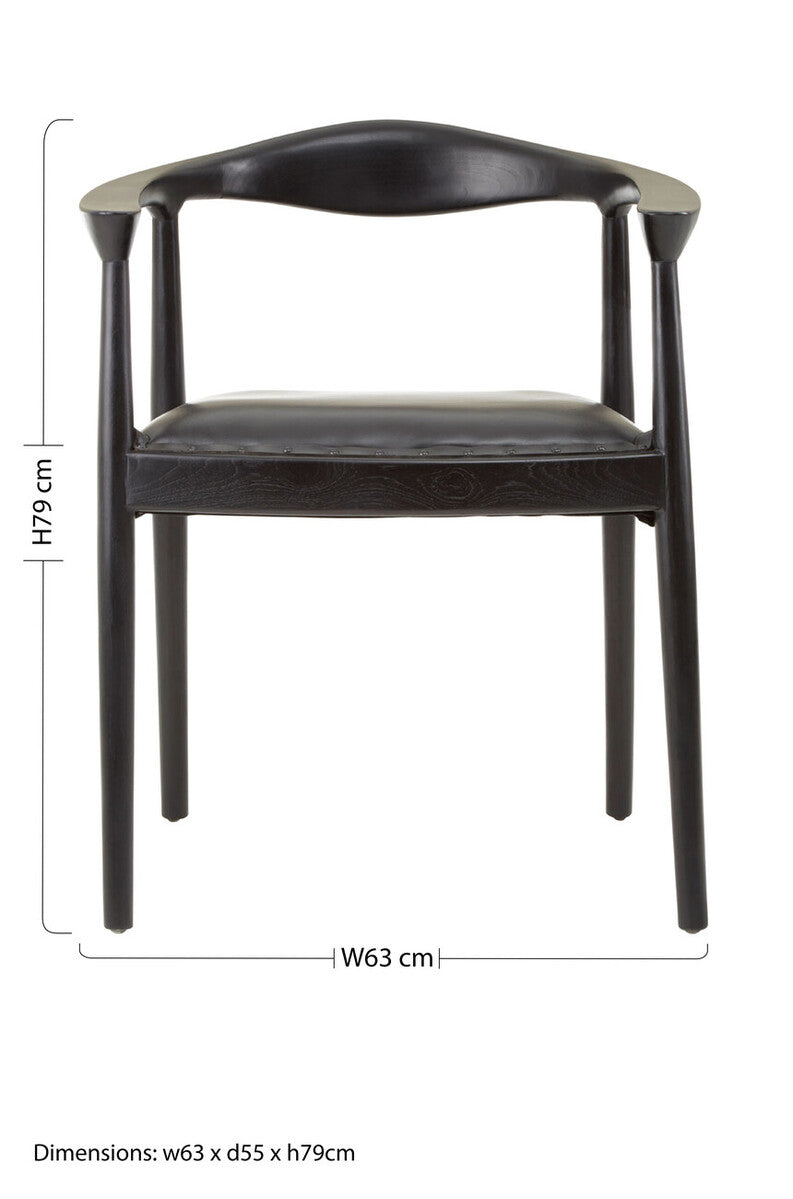 Kendari Black Leather and Teak Wood Armchair with Stud Detail