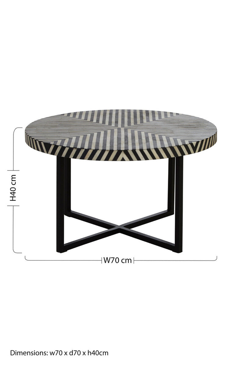 Black and White Top Bone Inlay Coffee Table with Black Metal Legs | Boho