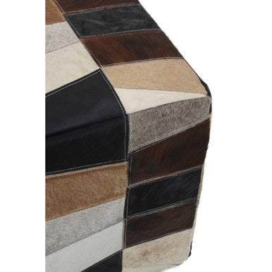 Safira Black Hair on Leather Pouffe with Geometric Patchwork