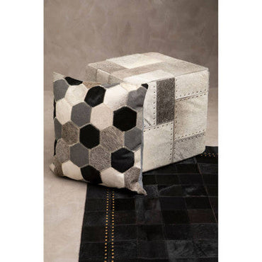 Safira Grey Leather Pouffe With Geometric Patchwork