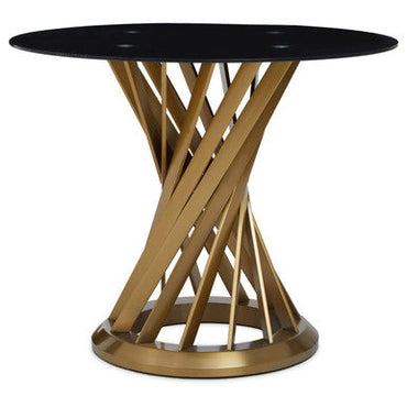 Anzio Black Glass Round Dining Table with Brushed Gold Finish Base