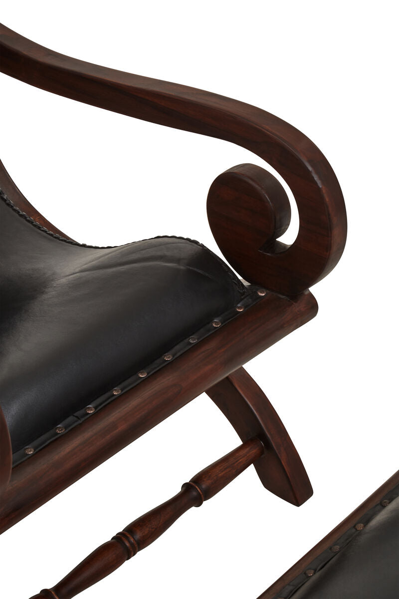Inca Black Leather Lounge Chair and Footstool with Teak Wood Frame