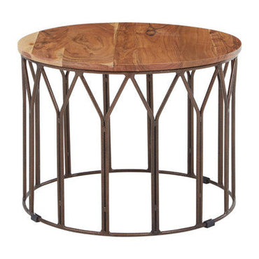 Natural Solid Acacia Wood Round Coffee Table with Dark Geometric Lattice Metal Frame | Boho
