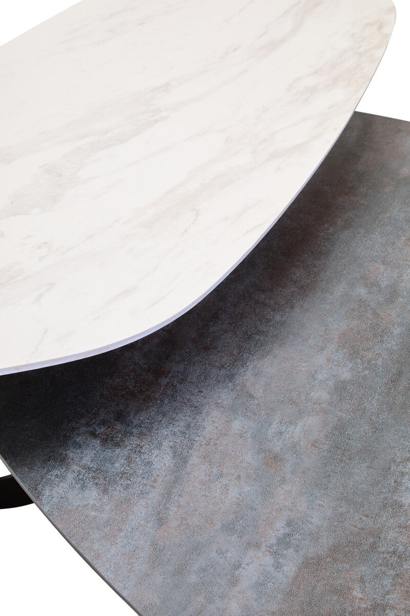 Grey and White Marble Effect Ceramic Tops Large 2-Tier Asymmetrical Coffee Table with Black Metal Base | Imperia