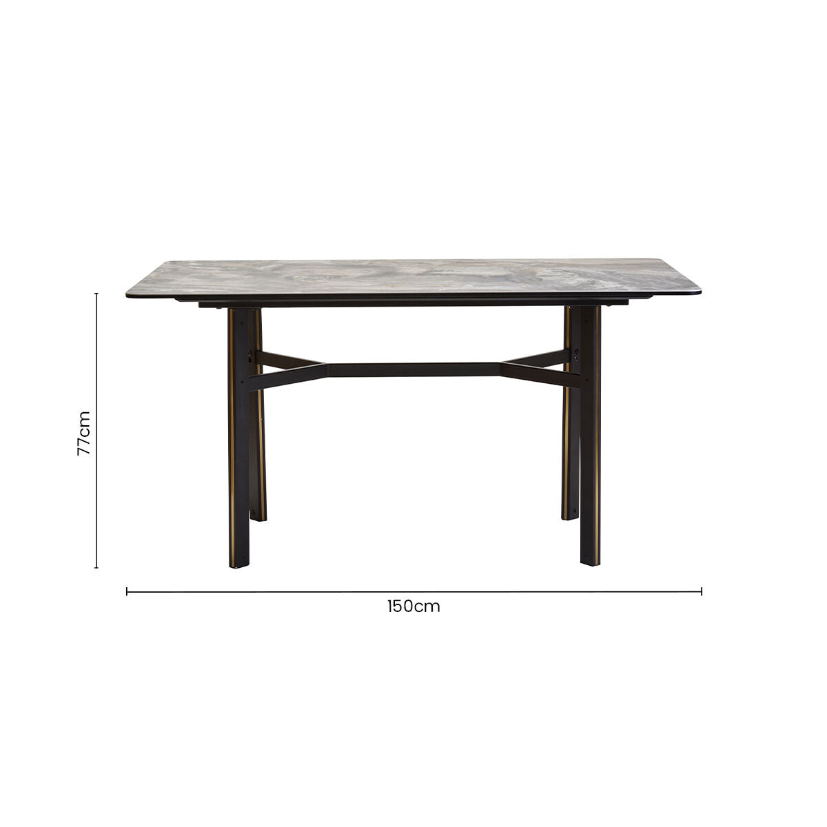 Grey Marble Effect Ceramic Top Dining Table with Black Metal Legs and Gold Detail | Imperia
