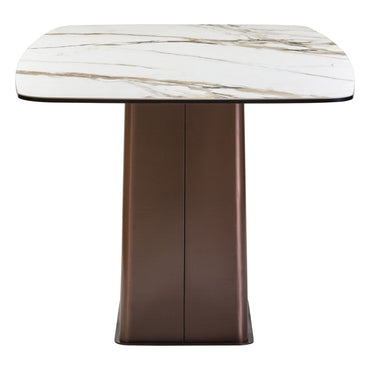 White Marble Effect Ceramic Rectangular Dining Table with Brushed Bronze Steel Column Base | Imperia