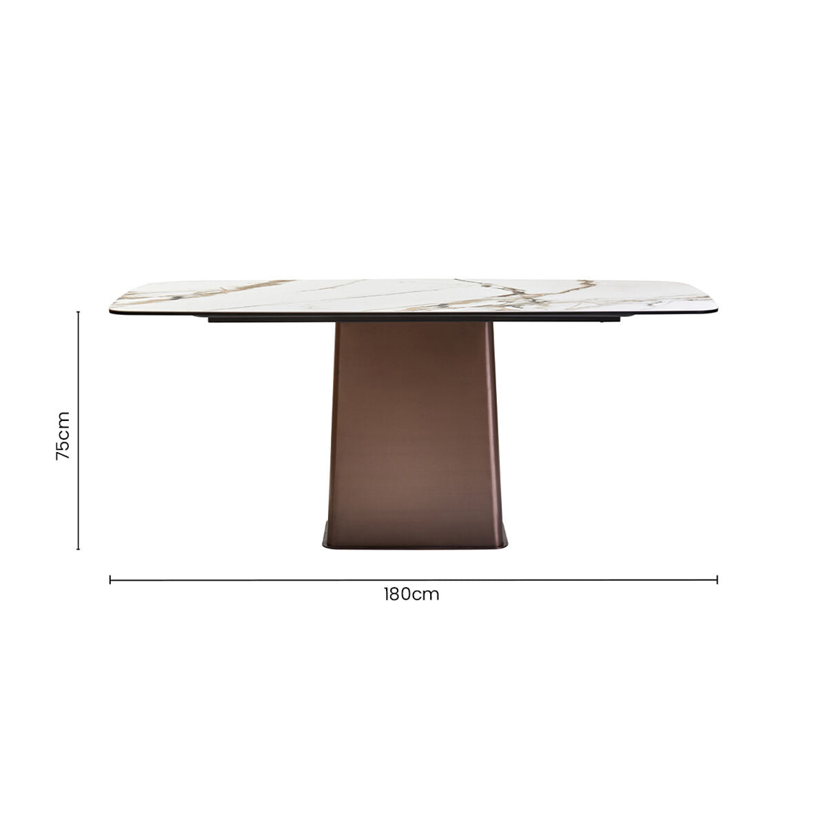 White Marble Effect Ceramic Rectangular Dining Table with Brushed Bronze Steel Column Base | Imperia