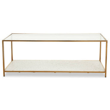 Glass Top Coffee Table with White Terrazzo Effect Shelf and Gold Metal Frame | Novi