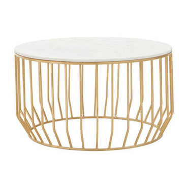 White Marble Top Coffee Table with Gold Finish Iron Cage Base | Pali