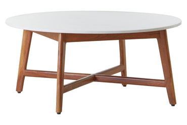 White Marble Round Top Coffee Table with Acacia Wood Legs | Myan